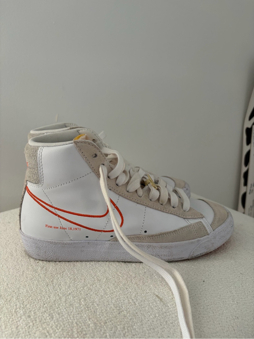 Nike White High-Top Sneakers with Orange Swoosh and Tan Suede